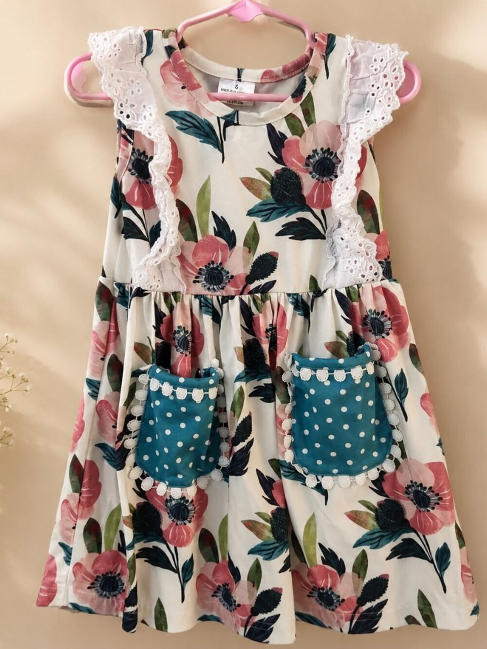 Boutique Girls Floral Dress Lace Ruffle Pom Pom Pocket Twirl Cottagecore Boho